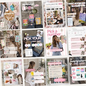 Könnte beinhalten: Eine digitale Collage mit zwölf verschiedenen Feldern, die buchbezogene Inhalte zeigen, darunter Buchcover, Lesekalender, Overlays für soziale Medien und Lifestyle-Bilder mit Textelementen wie Pick a number und Booksta.