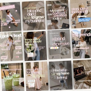 May include: A grid of twelve social media post templates featuring lifestyle photography, including images of a person in a white shirt, a laptop, iced matcha drinks, and text overlays with phrases like 'My current content creation routine'.