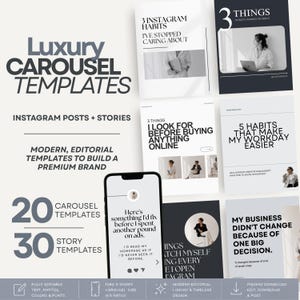 Pode incluir: Uma coleção de modelos digitais para redes sociais com layouts de texto em preto e branco, incluindo títulos como 3 Instagram Habits, 3 Things I Look For Before Buying Anything Online e 5 Habits That Make My Workday Easier num smartphone.