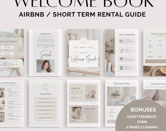 May include: A welcome book template for Airbnb and short-term rentals. The design includes pages for guest information, house rules, and check-in/check-out instructions. The template is fully editable and includes bonus materials such as a guest feedback form.