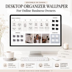Fondo de pantalla organizador de escritorio, fondo de escritorio editable, espacio de trabajo para propietarios de negocios en línea, iconos de carpetas, Mac Windows, plantilla de Canva