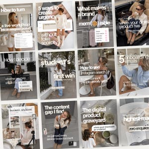 Pode incluir: Uma grade de doze gráficos para redes sociais com fotografia de estilo de vida e sobreposições de texto educativo. As imagens mostram cenas variadas, incluindo uma pessoa num carro, ruas e escritórios com café, contendo conselhos de negócios.