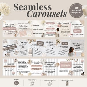 Könnte beinhalten: Eine digitale Marketingvorlage mit dem Titel "Seamless Carousels" und verschiedenen Textabschnitten. Das Design ist in neutralen Tönen gehalten und enthält florale Akzente. Die Vorlage umfasst Abschnitte zu Kundenakquise, Inhalten und Angeboten.