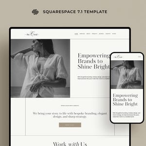 May include: A website homepage for a branding and design agency called "the Coral". The website features a black and white photo of a woman with a tagline that reads "Empowering Brands to Shine Bright". The website also includes a call to action to "Work with Us".