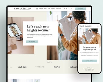 May include: A website design displayed on a laptop and smartphone, showcasing a Squarespace 7.1 template. The design features the text "Let's reach new heights together" and the name "Grace Caballo". The website includes logos for Marie Claire, Condé Nast, and other publications.
