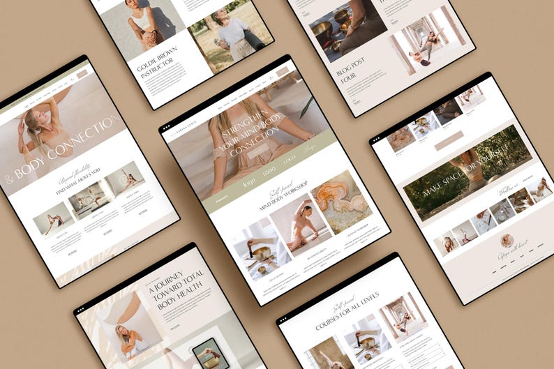 May include: Website screenshots showcasing a yoga and mindfulness studio called "& Body Connection". The website features images of yoga poses, a blog post, and information about workshops and courses.