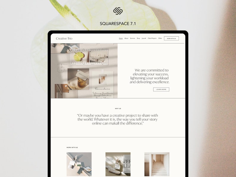 May include: A website mockup on a laptop screen with the text "Creative Trio" and "SQUARESPACE 7.1" at the top. The website features a collage of images with a light and airy aesthetic. The text "We are committed to elevating your success, lightening your workload and delivering excellence." is displayed on the website.