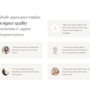 May include: A collage of four testimonials about a Squarespace template. The testimonials highlight the ease of use, helpful customer service, and overall quality of the template.