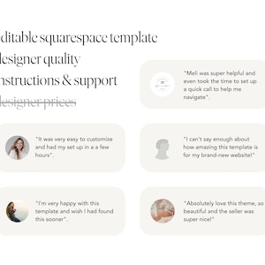 May include: A collage of customer testimonials about a Squarespace template. The testimonials highlight the ease of use, quality, and helpful support provided by the seller.