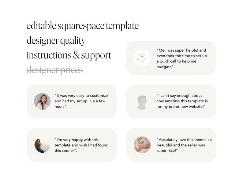 May include: A collage of customer testimonials about a Squarespace template. The testimonials highlight the ease of use, quality, and helpful support provided by the seller.
