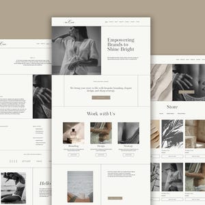 May include: Website homepage for a branding and design agency called "The Cove". The website features a minimalist design with a focus on photography and text. The homepage includes a section titled "Empowering Brands to Shine Bright" and a section titled "Work with Us".