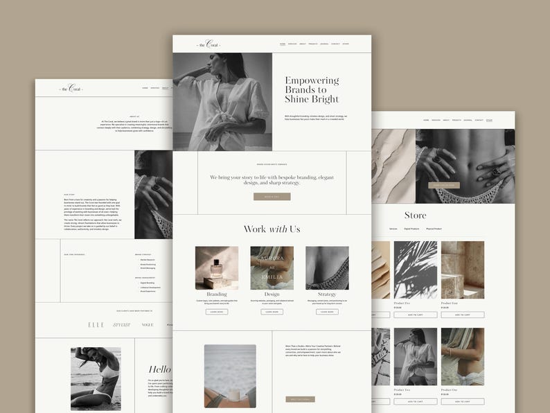 May include: Website homepage for a branding and design agency called "The Cove". The website features a minimalist design with a focus on photography and text. The homepage includes a section titled "Empowering Brands to Shine Bright" and a section titled "Work with Us".