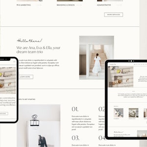 May include: A website homepage for a creative agency called Creative loo. The website features a white background with black text and images. The text includes the phrase "Hello there!" and "We are Ana, Eva & Ella, your dream team trio." The website also features a photo of a woman walking up a staircase in a white dress.