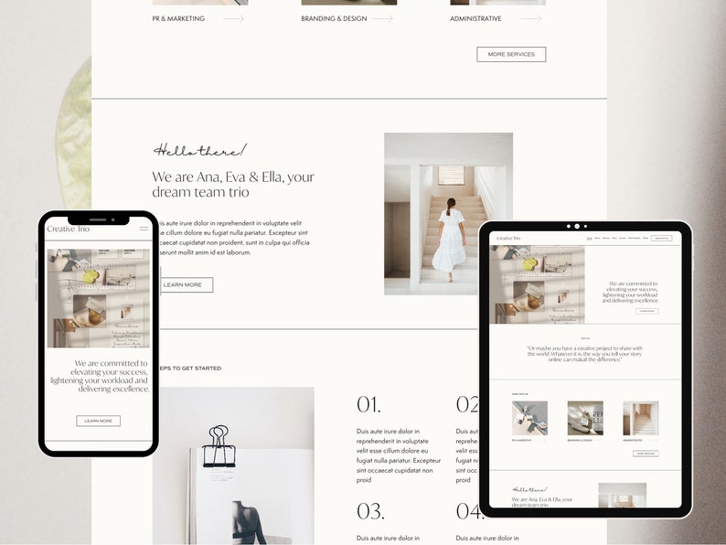 May include: A website homepage for a creative agency called Creative loo. The website features a white background with black text and images. The text includes the phrase "Hello there!" and "We are Ana, Eva & Ella, your dream team trio." The website also features a photo of a woman walking up a staircase in a white dress.