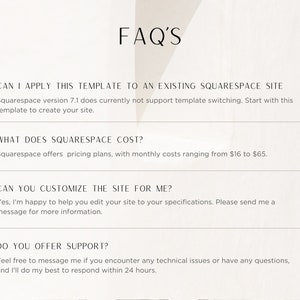 May include: A white background with black text outlining frequently asked questions about Squarespace website templates. The text includes questions like "Can I apply this template to an existing Squarespace site?" and "What does Squarespace cost?"