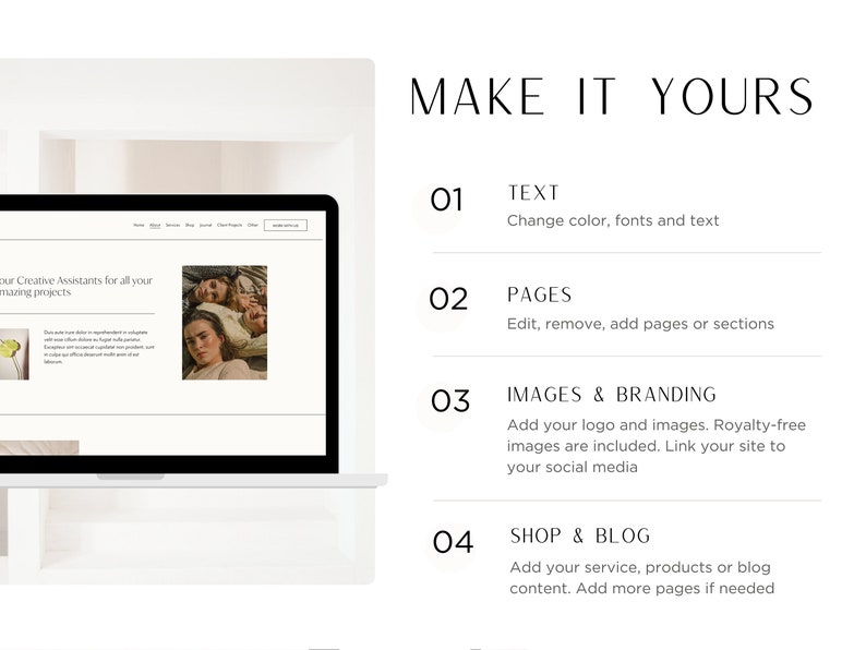 DIY Template change text, move pages, change images and banding and add your shop, blog or portfolio pages.