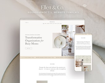 May include: Website template for professional organizers, featuring a minimalist design with a white background and a photo of a kitchen with a plant and a plate. The text "Transformative Organization for Busy Moms" is displayed on the website.