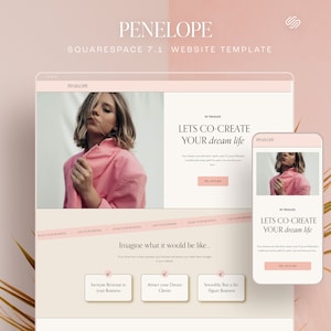 May include: A website template for Squarespace 7.1 with a pink color scheme. The website features a large image of a woman in a pink shirt and the text "Let's co-create your dream life".