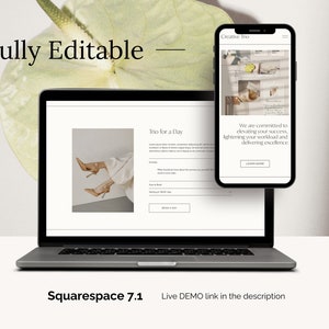 May include: A laptop computer displaying a website with the text "Trio for a Day" and a photo of a person's legs wearing high heels. The website is built on Squarespace 7.1. A mobile phone is shown next to the laptop, displaying a website with the text "Creative Trio" and the text "We are committed to elevating your success, lightening your workload and delivering excellence."