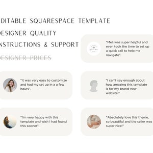 May include: A collage of customer testimonials about a Squarespace template. The testimonials highlight the ease of use, helpful customer service, and overall satisfaction with the template.