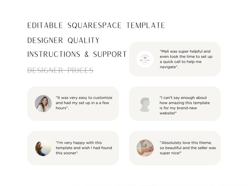 May include: A collage of customer testimonials about a Squarespace template. The testimonials highlight the ease of use, helpful customer service, and overall satisfaction with the template.