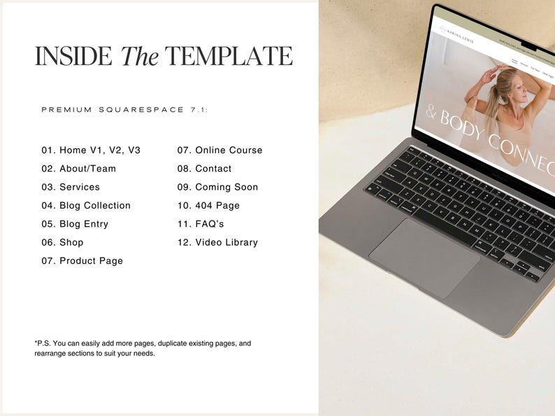 May include: A laptop computer displaying a website with the text "& BODY CONNECT" and a list of website pages, including "Home", "About/Team", "Services", "Blog Collection", "Blog Entry", "Shop", "Product Page", "Online Course", "Contact", "Coming Soon", "404 Page", "FAQ's", and "Video Library".