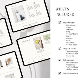 May include: A mockup of a website design for a journal or blog. The website is styled with a minimalist aesthetic and features a light background with black text. The website includes a home page, about page, services page, blog page, course/booking page, store page, contact page, FAQ page, and a 404 page. The website also includes themed images, fonts, and a Canva file. The website is mobile responsive.