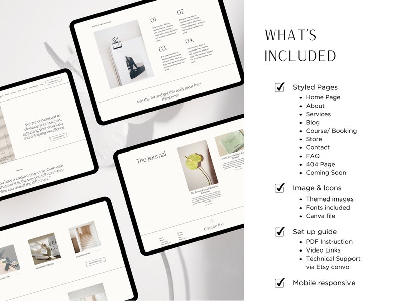 May include: A mockup of a website design for a journal or blog. The website is styled with a minimalist aesthetic and features a light background with black text. The website includes a home page, about page, services page, blog page, course/booking page, store page, contact page, FAQ page, and a 404 page. The website also includes themed images, fonts, and a Canva file. The website is mobile responsive.