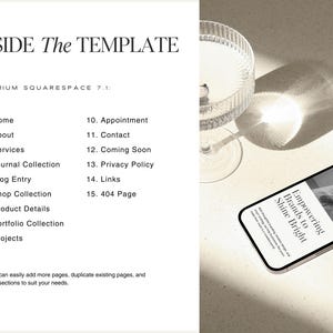 May include: A white page with black text outlining the different pages included in a Squarespace 7.1 template. The text reads "Inside The Template" and lists pages such as "Home", "About", "Services", "Journal Collection", "Blog Entry", "Shop Collection", "Product Details", "Portfolio Collection", "Projects", "Appointment", "Contact", "Coming Soon", "Privacy Policy", "Links", and "404 Page". The text also includes a note that says "You can easily add more pages, duplicate existing pages, and rearrange sections to suit your needs."