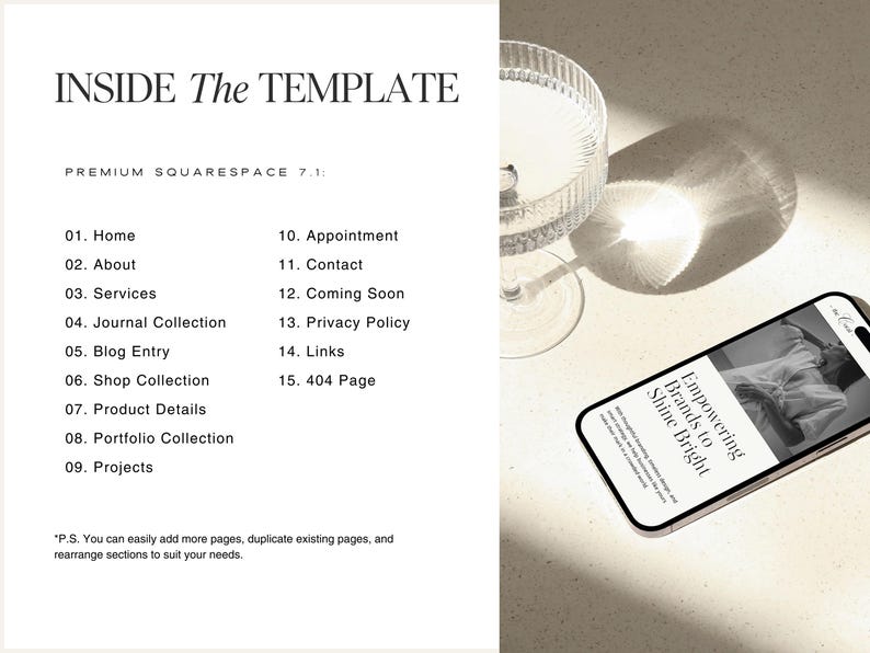 May include: A white page with black text outlining the different pages included in a Squarespace 7.1 template. The text reads "Inside The Template" and lists pages such as "Home", "About", "Services", "Journal Collection", "Blog Entry", "Shop Collection", "Product Details", "Portfolio Collection", "Projects", "Appointment", "Contact", "Coming Soon", "Privacy Policy", "Links", and "404 Page". The text also includes a note that says "You can easily add more pages, duplicate existing pages, and rearrange sections to suit your needs."