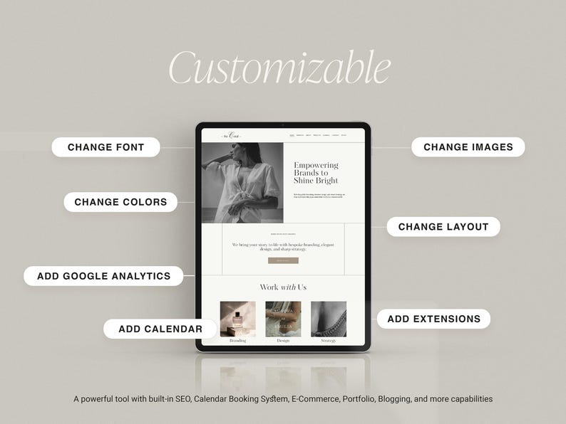 May include: A website mockup with the text "Empowering Brands to Shine Bright" and "Work with Us". The website is customizable with features like changing fonts, colors, images, layout, adding Google Analytics, a calendar, and extensions.
