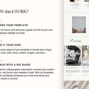 May include: A website design template for Squarespace. The template features a light beige background with a white text overlay. The text reads "HOW does it WORK?" and outlines the steps to create a website using the template. The template includes a portfolio section with images of a woman in a swimsuit, a rocky beach, and a white, textured surface.