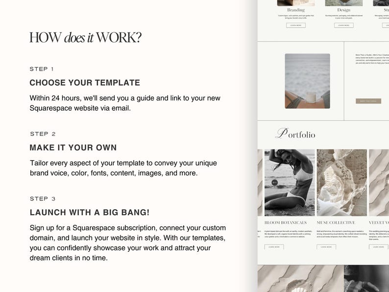 May include: A website design template for Squarespace. The template features a light beige background with a white text overlay. The text reads "HOW does it WORK?" and outlines the steps to create a website using the template. The template includes a portfolio section with images of a woman in a swimsuit, a rocky beach, and a white, textured surface.