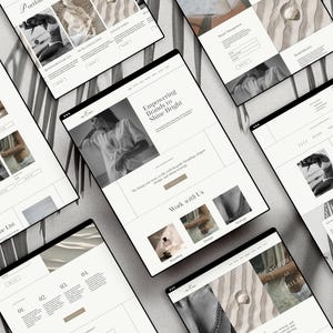 May include: A website homepage with a minimalist design featuring a black and white photo of a woman wearing a white shirt. The text "Empowering Brands to Shine Bright" is displayed on the page. The website also includes a section titled "Work with Us" with images of jewelry.