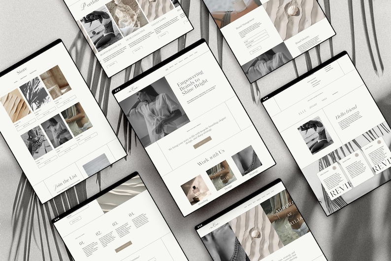 May include: A website homepage with a minimalist design featuring a black and white photo of a woman wearing a white shirt. The text "Empowering Brands to Shine Bright" is displayed on the page. The website also includes a section titled "Work with Us" with images of jewelry.