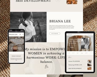 May include: A website homepage for a business called Briana Lee. The website features a black and white photo of a woman, a text description of the business, and a call to action button that says "Get to Know Me". The website also features a section called "Services" with a button that says "Schedule a Call".