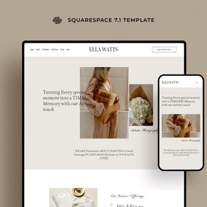 Modelo Squarespace elegante para fotógrafos de casamento e pequenas empresas de serviços, blog de recursos, portfólio, loja e layout de página inicial