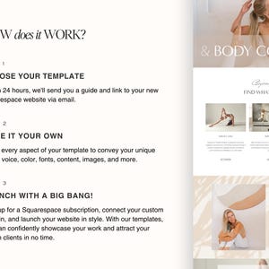 May include: A website design template for a yoga studio or fitness business. The template features a light background with a beige and white color scheme. The text on the page reads "& Body Connect" and "Beyond Flexibility Find What Moves You".