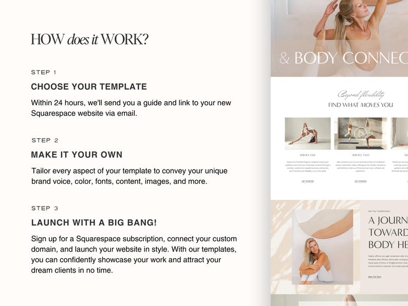 May include: A website design template for a yoga studio or fitness business. The template features a light background with a beige and white color scheme. The text on the page reads "& Body Connect" and "Beyond Flexibility Find What Moves You".