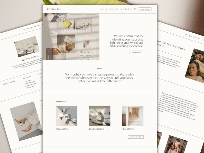 May include: A website homepage for Creative Trio, a business that provides marketing, branding, and administrative services. The website features a collage of images, including a glass of whisky, a staircase, and a woman's legs wearing high heels. The text on the website reads "We are committed to elevating your success, lightening your workload and delivering excellence." and "Or maybe you have a creative project to share with the world. Whatever it is, the way you tell your story online can make all the difference."