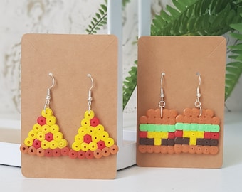 Pizza Earrings, Burger Earrings, Fast Food, Hama Bead, Perler Bead, Melt Bead, Dangle Earrings