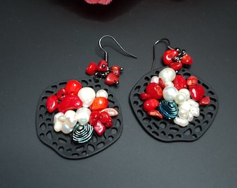 Chunky gemstone earrings, Red coral  dangle earrings, Natural pearl earrings, Colorful summer earrings, Red and black earrings, Women's gift