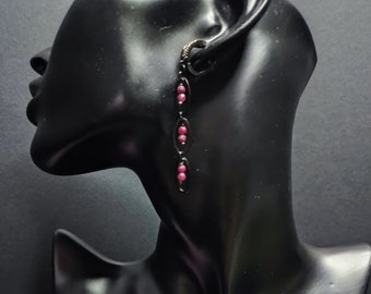 Delicate earrings with natural ruby beads, Ruby root earrings, Elegant ruby drop earrings, Red ruby earrings, Black dangle earrings