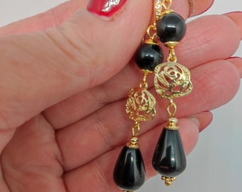 Black Agate Drop Earrings, 18K Gold Plated, 50s Style