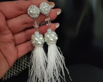 White Feather Tassel Earrings, Real Ostrich Feather Earrings, Feather Beaded Drop Earrings, Wedding Earrings, Chunky beaded earrings