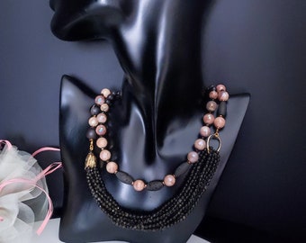 Set of two matching gemstone necklaces, Sunstone and druzy agate necklace, Layered asymmetric necklace, Matching natural stones necklaces