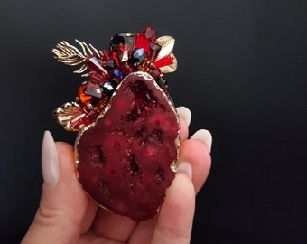 Raw stone brooch, Handmade irregular natural stone and crystal brooch, Statement brooch, Red floral brooch, Elegant gemstone brooch