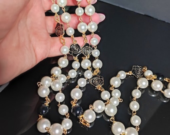 Long collier de perles à maillons roses noires, collier de perles superposées, collier chaîne élégant, collier de perles classique, collier de perles long hain