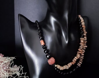 Sunstone Agate Choker Necklace, Elegant Double Strand Pink Black Jewelry
