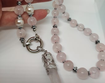 Rose Quartz Beaded Necklace with Removable Pendant